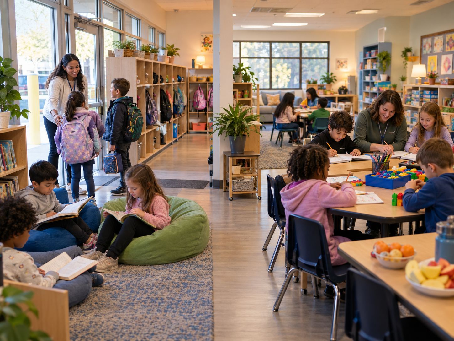School age children arrive with backpacks, read on bean bags, and do homework with staff in a program room