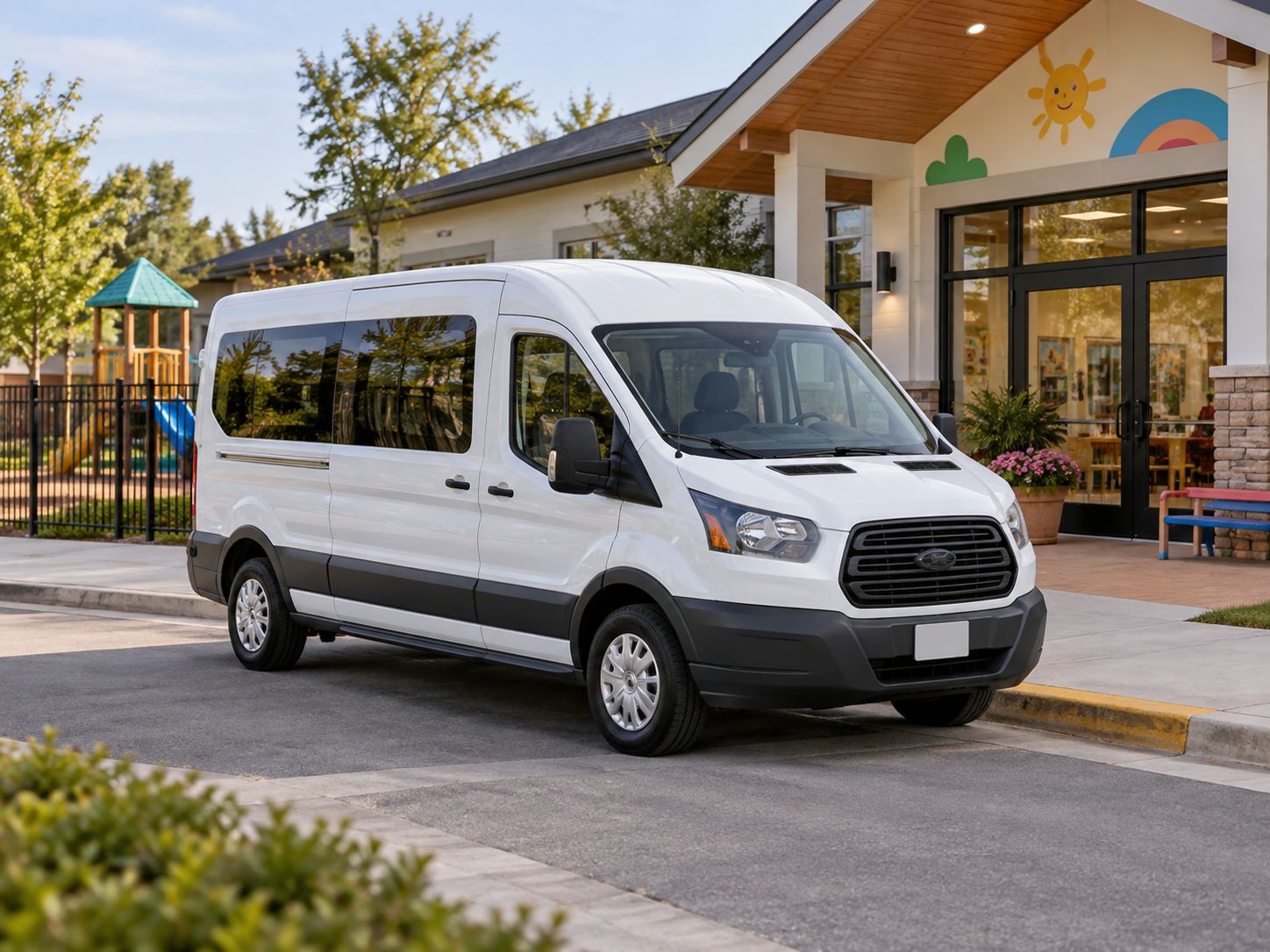 A white passenger van parked at the entrance of a childcare center next to a fenced playground