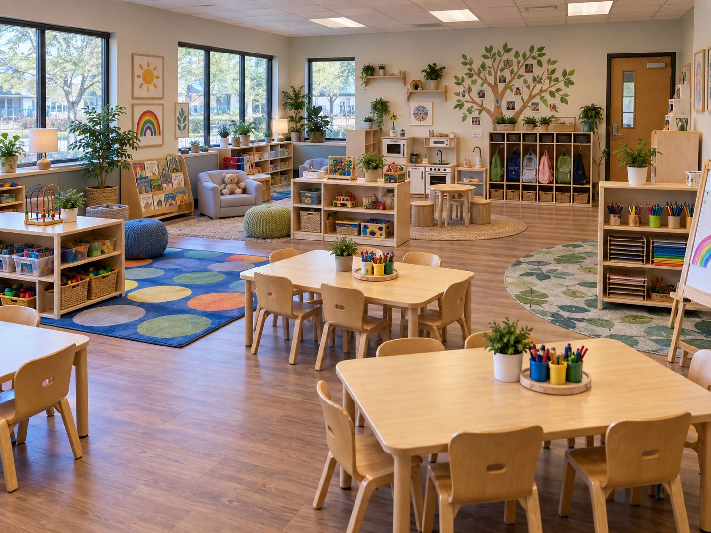 An empty preschool classroom with child size tables and chairs, shelves of supplies, and a reading corner