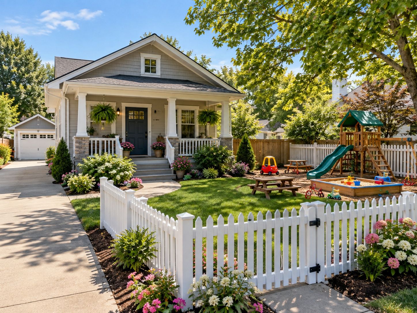 A family home with a fenced front yard, play set, and sandbox used for in-home childcare