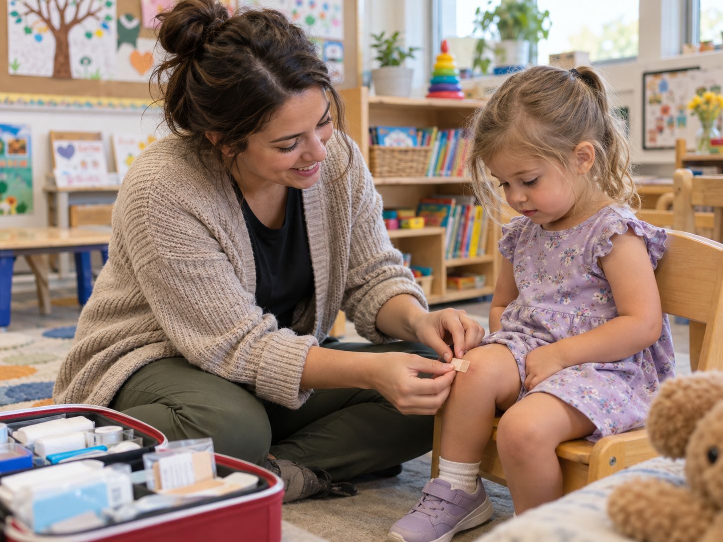 A teacher kneels to put a bandage on a young girl's knee, with an open first aid kit beside them