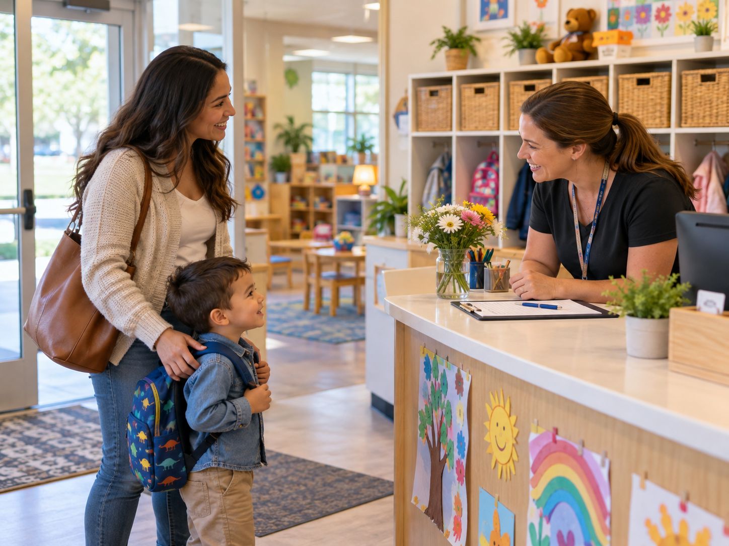 A parent and preschooler are greeted at a childcare center front desk during morning drop off