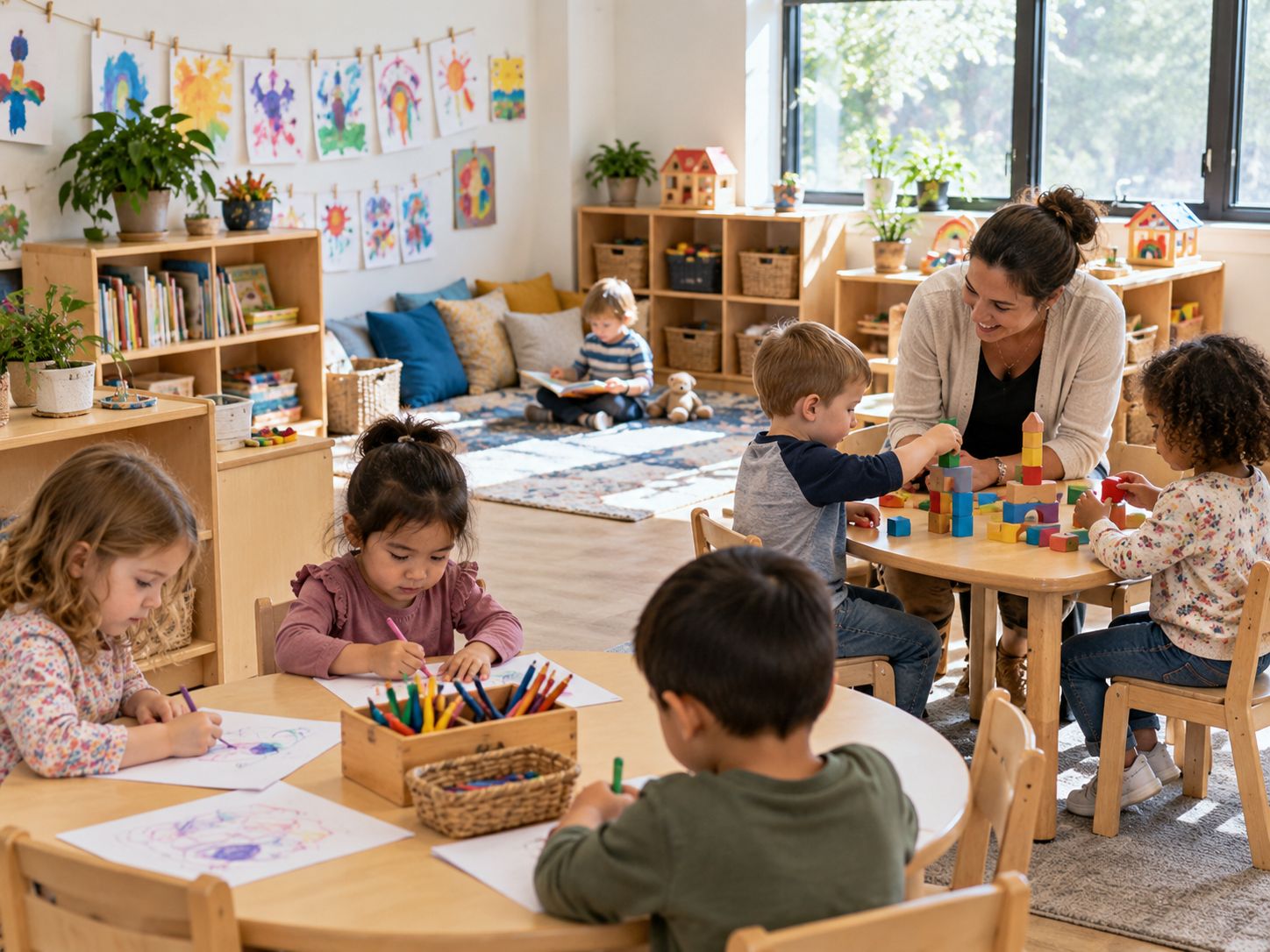 A teacher building a block tower with preschoolers while other children draw and read in a bright classroom