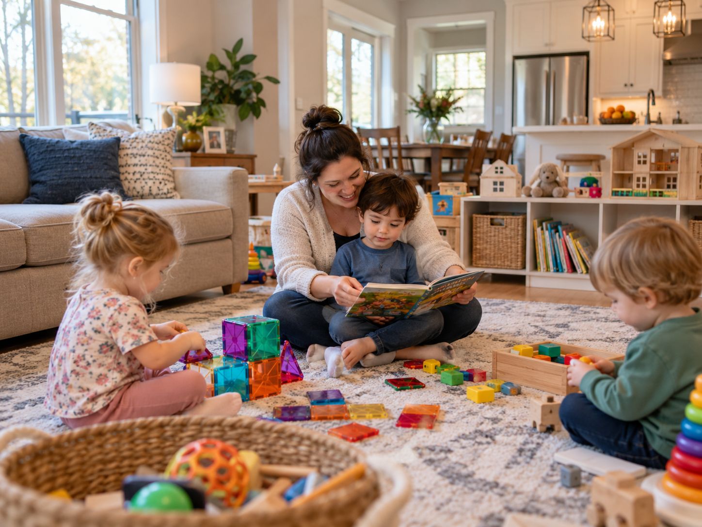 A provider reads a picture book with a toddler while other young children play with blocks on a living room rug