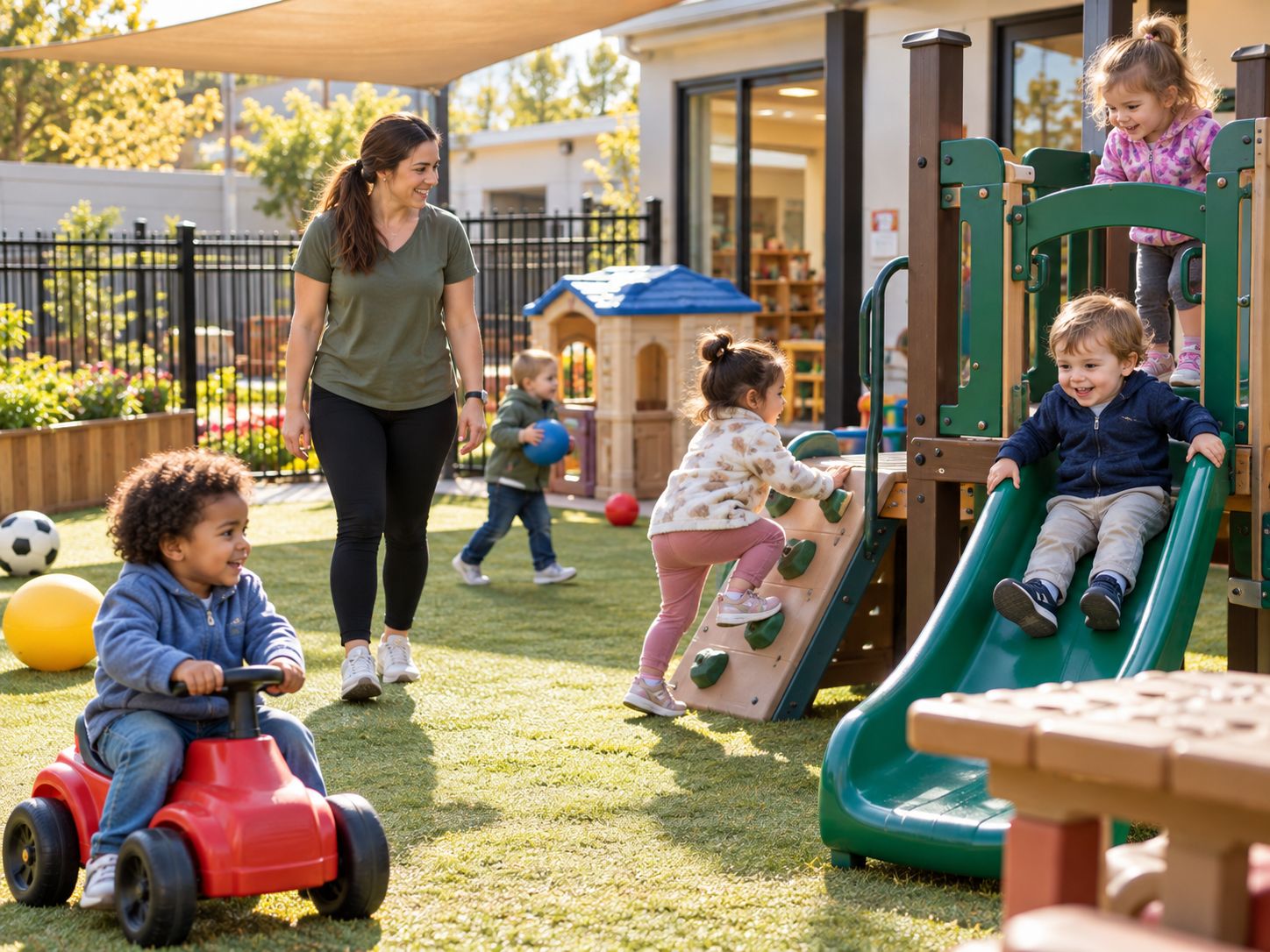 A teacher watches toddlers climb, slide, and ride toys in a fenced childcare playground
