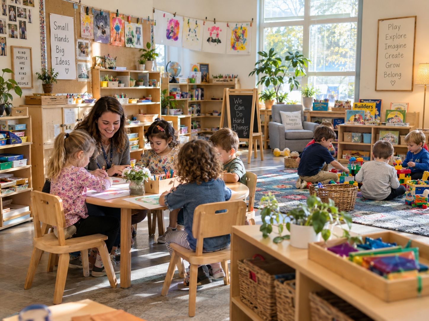 Preschoolers draw at a table with their teacher while classmates build with blocks in a sunny classroom