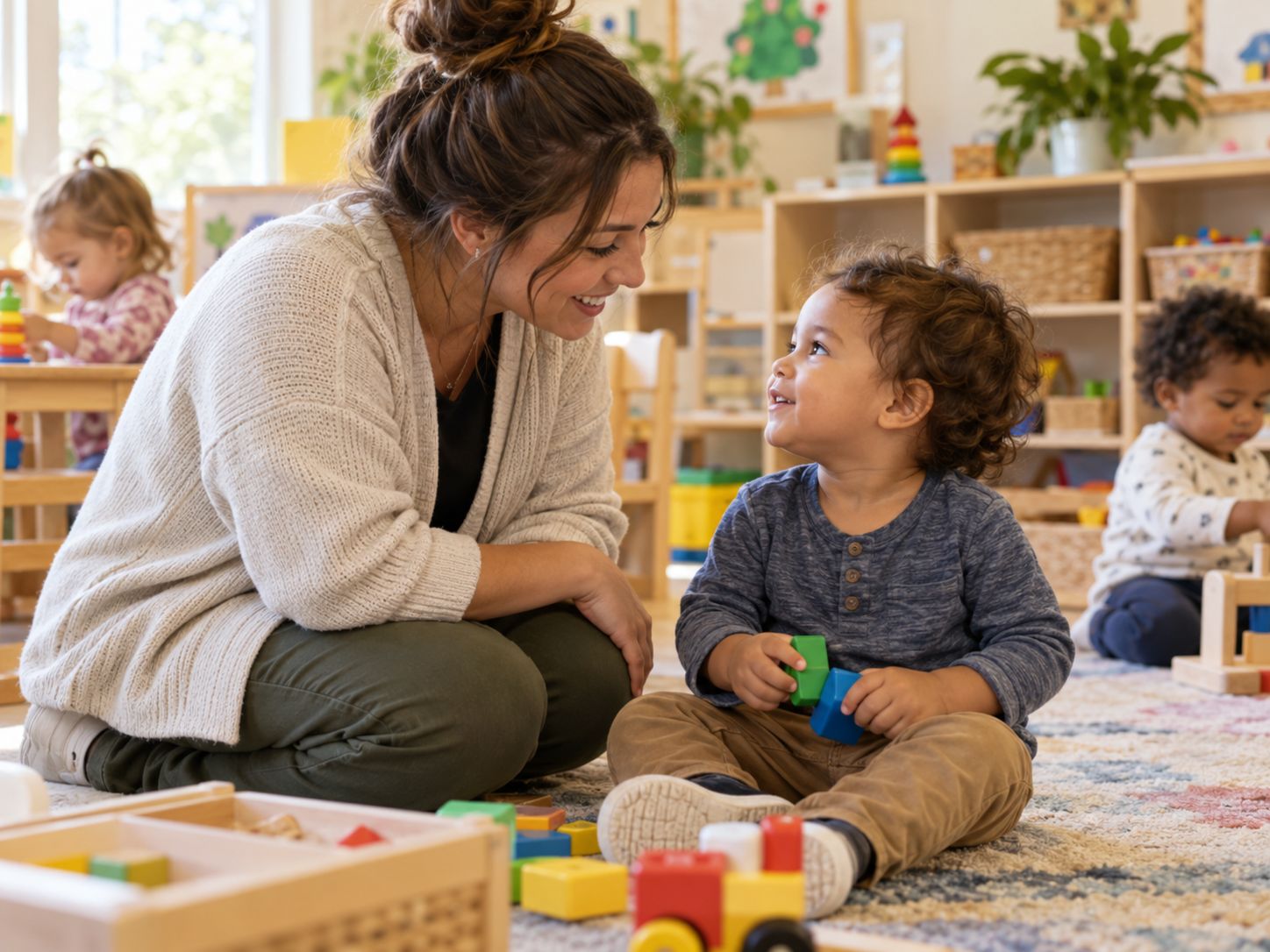 A teacher sits on the floor at eye level with a toddler who is playing with building blocks